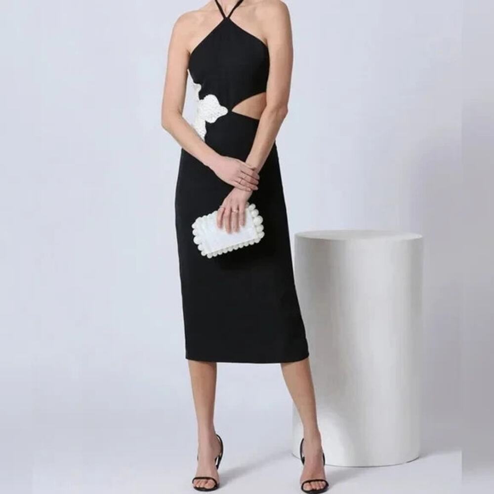 NWT Avec Les Filles Halter Pearl Flower Midi Dress BLACK White SIZE 4 Small $179